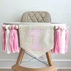 1st Birthday High Chair Banner, Pink Gingham First Birthday Party Decorations, Boho Yarn Tassel Garland, Cake Smash Decor, Photo Prop Sign