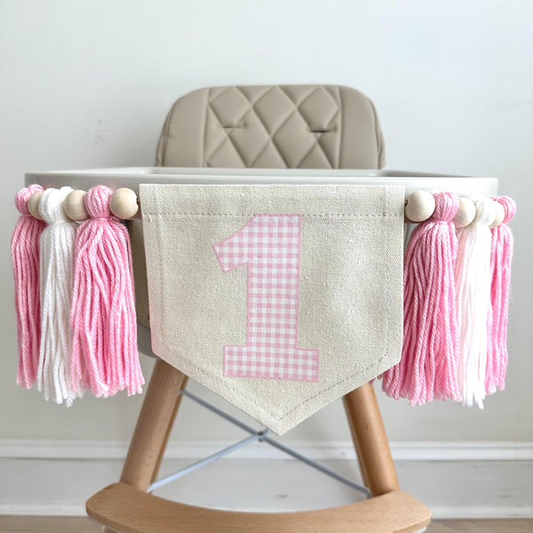 1st Birthday High Chair Banner, Pink Gingham First Birthday Party Decorations, Boho Yarn Tassel Garland, Cake Smash Decor, Photo Prop Sign