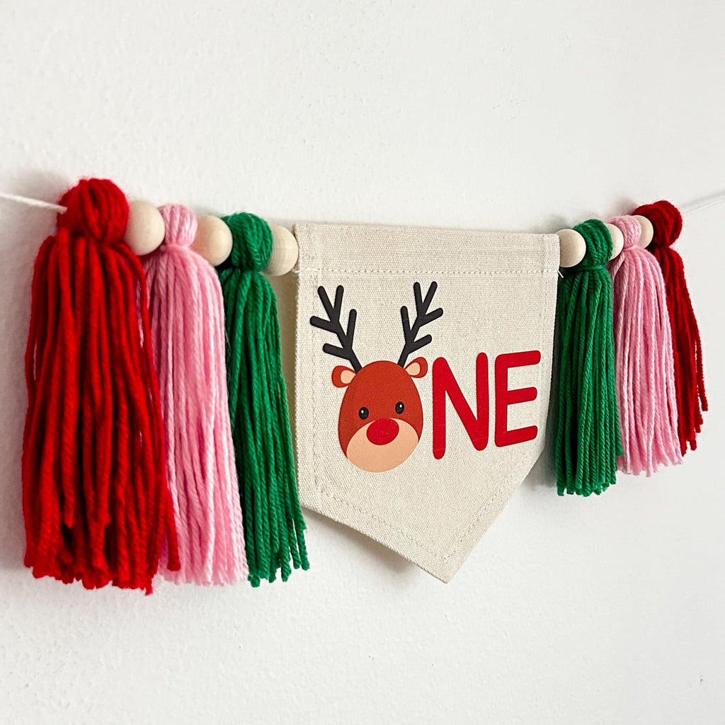 First Birthday Decorations, Reindeer Banner, Christmas Birthday Party, One Banner, Fun to Be One, Reindeer Theme, Tassel Garland