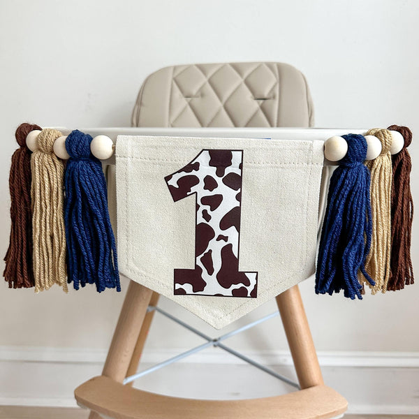 First Birthday Decorations, Cow Birthday, Farm Party Decor, Western Party Ideas, High Chair Banner, One Banner, Tassel Garland