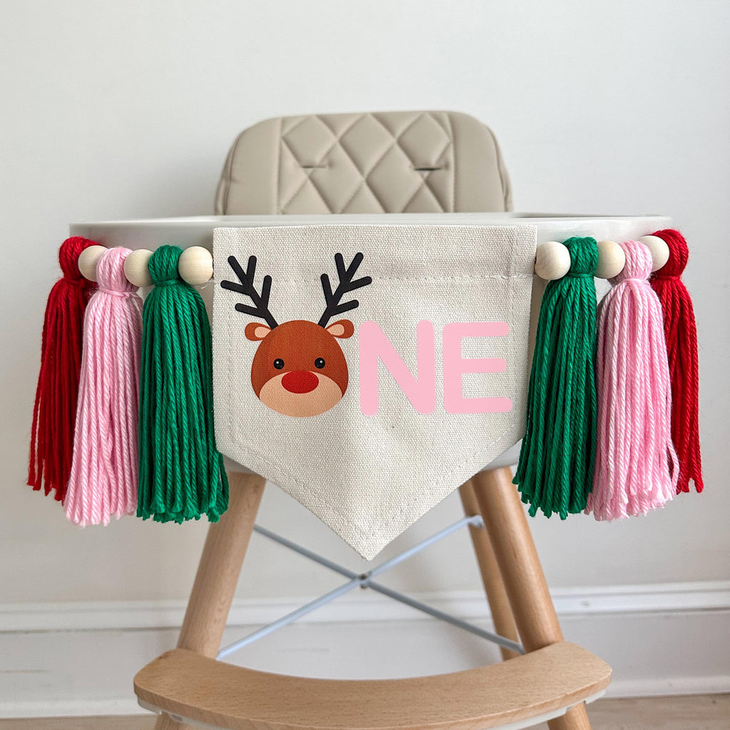Reindeer 1st Birthday Party Decorations, Oh What Fun Christmas High Chair Banner, Pink Holiday First Birthday Sign