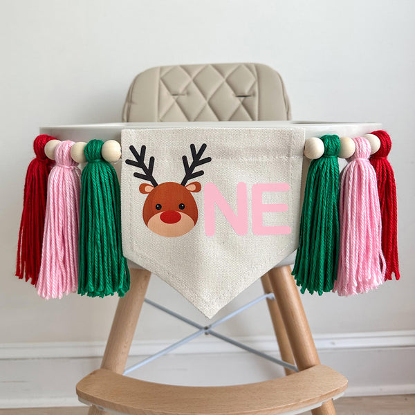 Reindeer 1st Birthday Party Decorations, Oh What Fun Christmas High Chair Banner, Pink Holiday First Birthday Sign