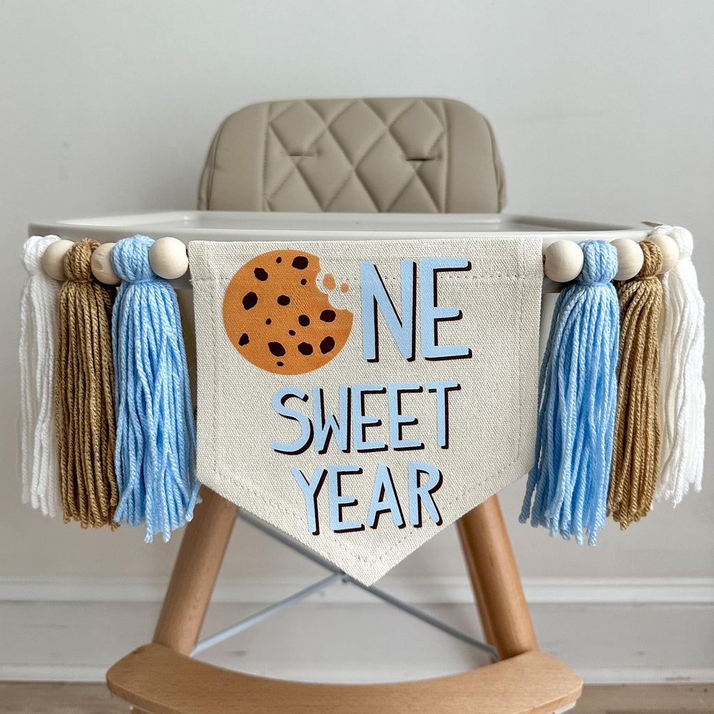Cookie 1st Birthday Party Decorations, Milk and Cookies First Birthday Decor, Chocolate Chip Cookie High Chair Banner, One Sweet Year Sign