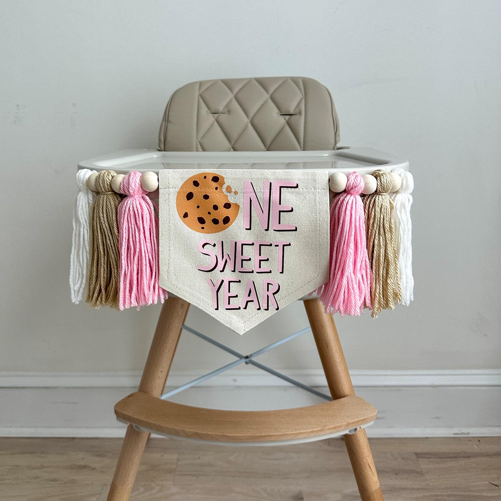 Cookie 1st Birthday Party Decorations, Milk and Cookies First Birthday Decor, Chocolate Chip Cookie High Chair Banner, One Sweet Year Sign