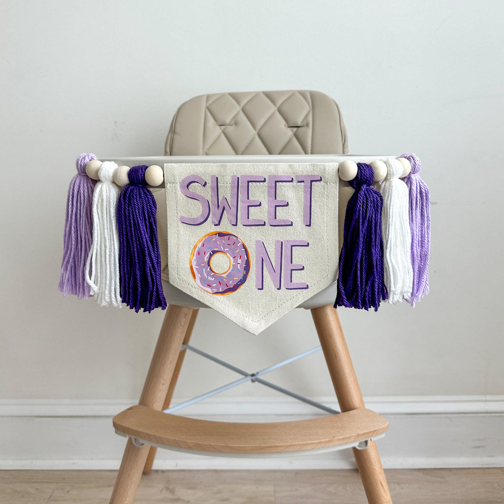 Donut 1st Birthday Party Decorations, Sweet One First Birthday, Purple Doughnut High Chair Banner, Confetti Birthday Sign, Donut Grow Up