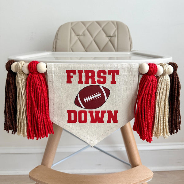 First Down 1st Birthday High Chair Banner, Sports First Birthday Party Tassel Banner, Football Decorations, Cake Smash Props, Highchair Sign