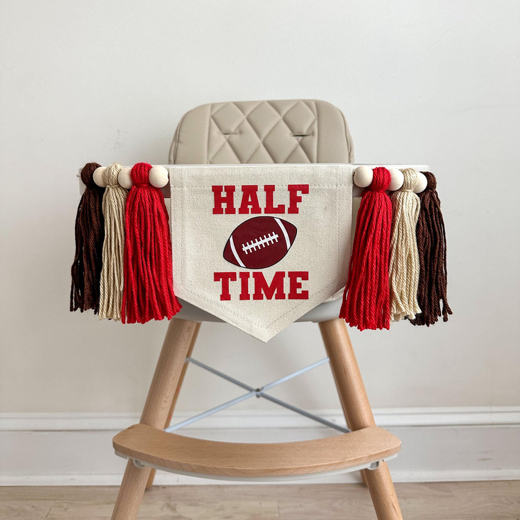 Half Time High Chair Banner, Half Birthday Football Party Decorations, Cake Smash Props, Sports 6 Month Tassel Banner, Highchair Sign