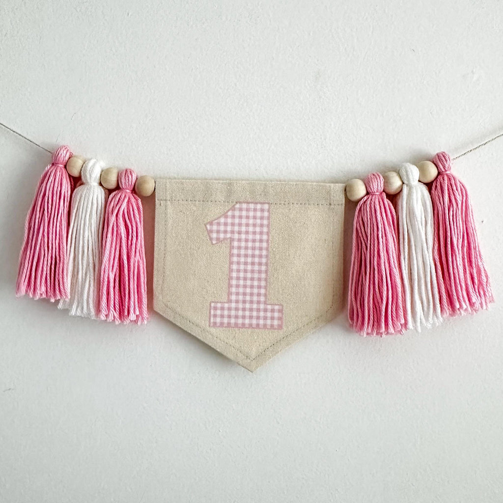 1st Birthday High Chair Banner, Pink Gingham First Birthday Party Decorations, Boho Yarn Tassel Garland, Cake Smash Decor, Photo Prop Sign
