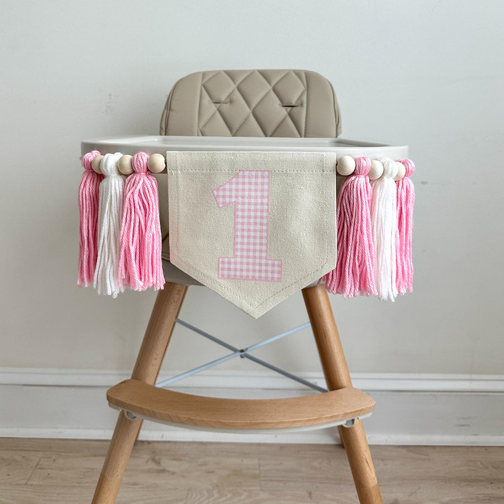 1st Birthday High Chair Banner, Pink Gingham First Birthday Party Decorations, Boho Yarn Tassel Garland, Cake Smash Decor, Photo Prop Sign