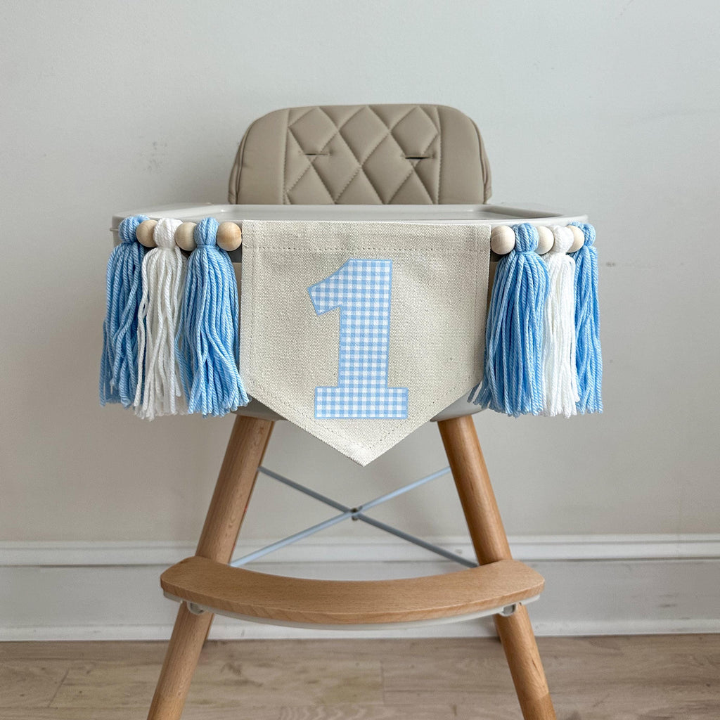 1st Birthday High Chair Banner, Blue Gingham First Birthday Party Decorations, Boho Yarn Tassel Garland, Cake Smash Decor, Photo Prop Sign