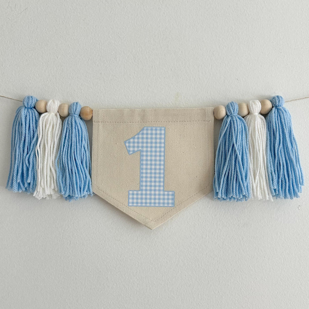 1st Birthday High Chair Banner, Blue Gingham First Birthday Party Decorations, Boho Yarn Tassel Garland, Cake Smash Decor, Photo Prop Sign