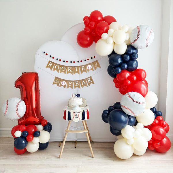 Rookie of the Year 1st Birthday | Baseball First Birthday Decorations | Baseball Balloon Arch | 12 Month Photo Banner | Sports Party Kit