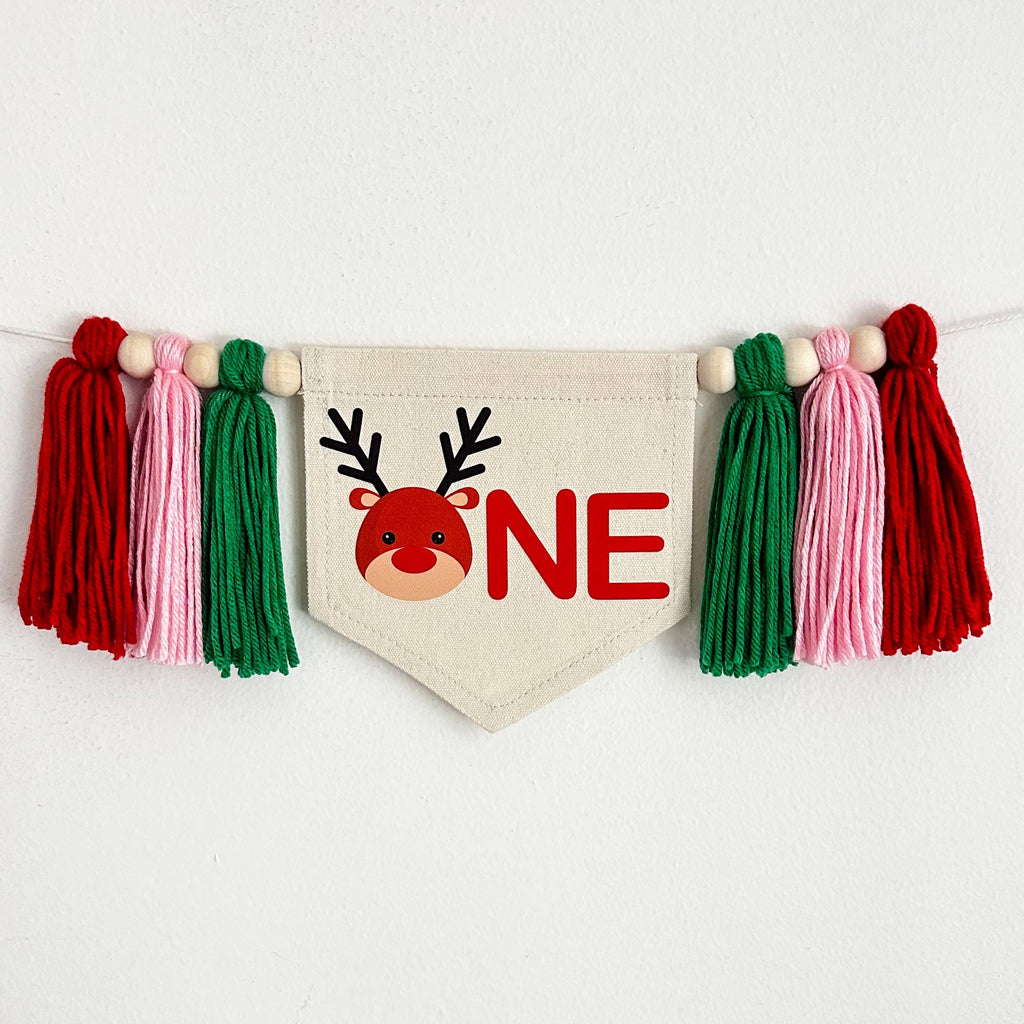 First Birthday Decorations, Reindeer Banner, Christmas Birthday Party, One Banner, Fun to Be One, Reindeer Theme, Tassel Garland