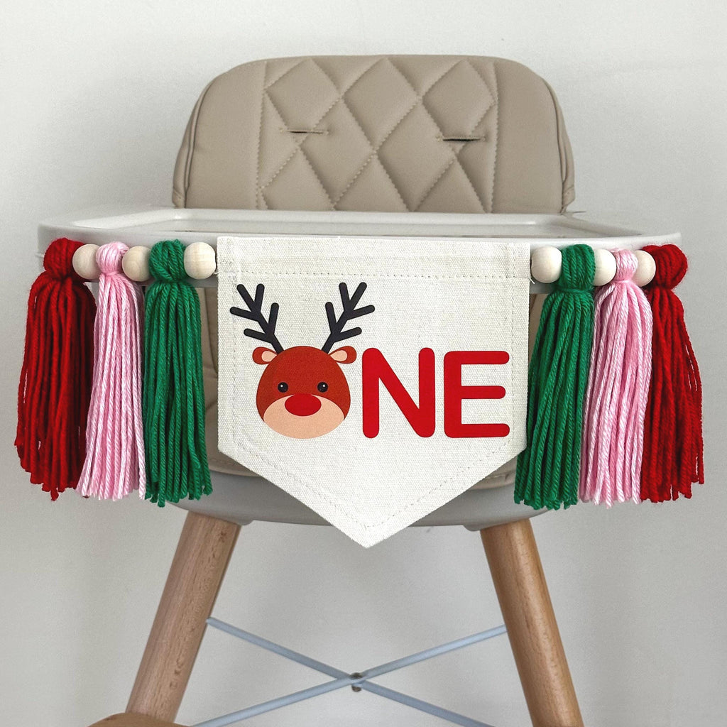 First Birthday Decorations, Reindeer Banner, Christmas Birthday Party, One Banner, Fun to Be One, Reindeer Theme, Tassel Garland