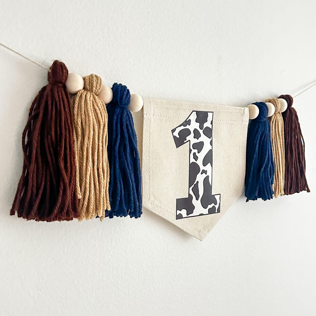 First Birthday Decorations, Cow Birthday, Farm Party Decor, Western Party Ideas, High Chair Banner, One Banner, Tassel Garland