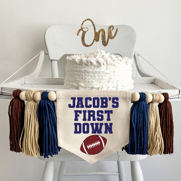 First Down 1st Birthday High Chair Banner, Custom Football Decorations, Sports First Birthday Party Tassel Banner, Personalized Sign