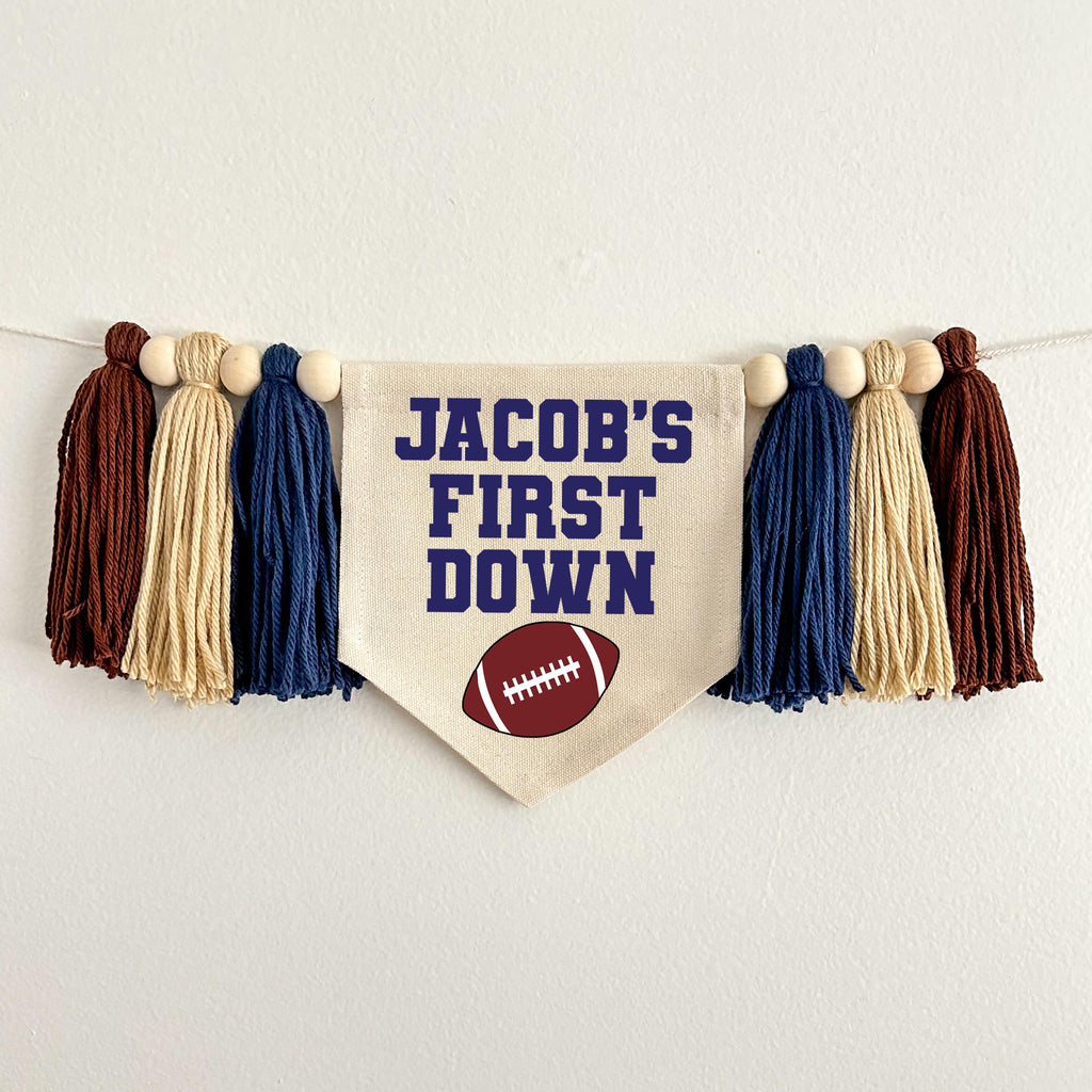 First Down 1st Birthday High Chair Banner, Custom Football Decorations, Sports First Birthday Party Tassel Banner, Personalized Sign