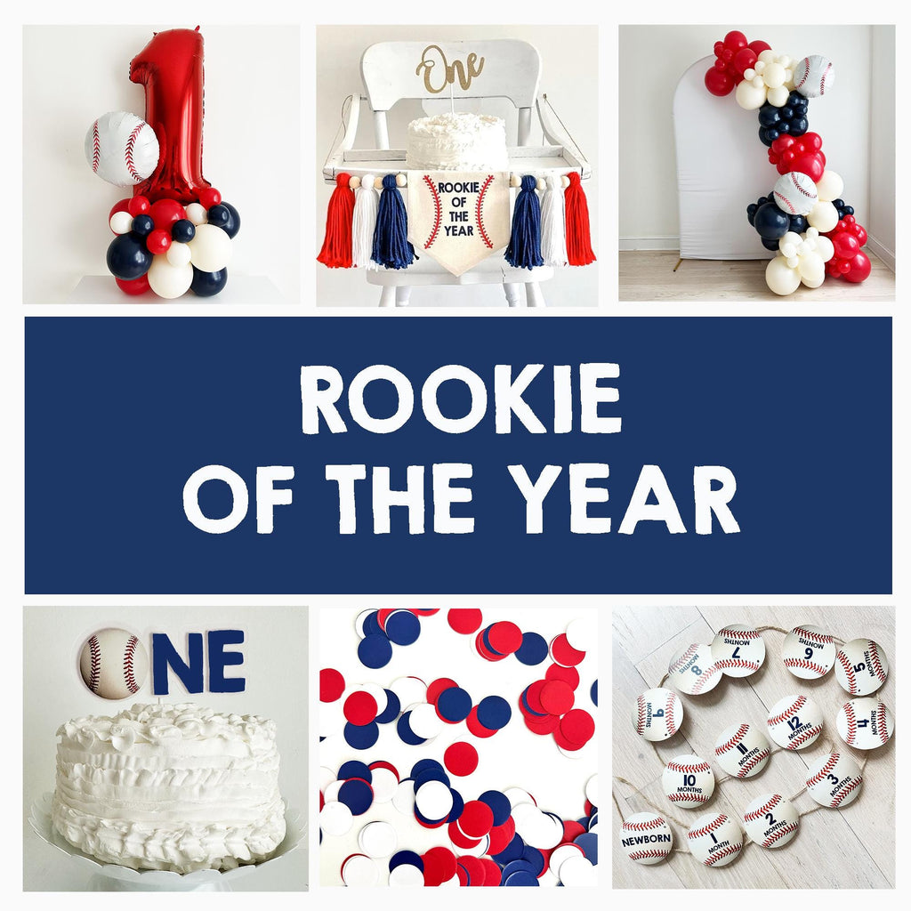 Rookie of the Year 1st Birthday | Baseball First Birthday Decorations | Baseball Balloon Arch | 12 Month Photo Banner | Sports Party Kit