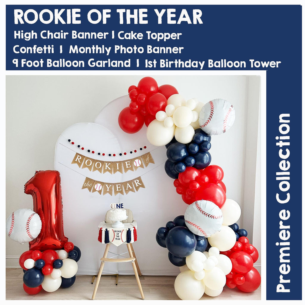Rookie of the Year 1st Birthday | Baseball First Birthday Decorations | Baseball Balloon Arch | 12 Month Photo Banner | Sports Party Kit