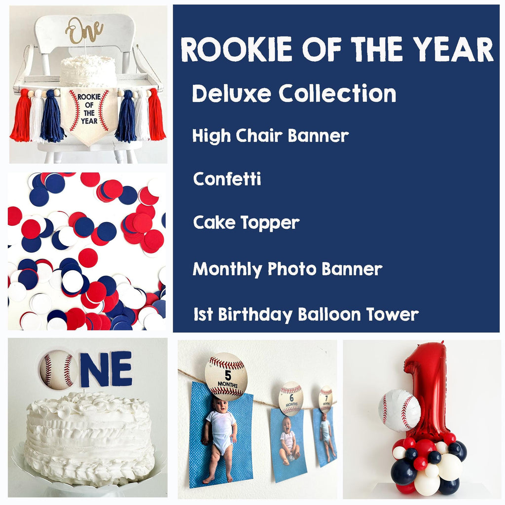 Rookie of the Year 1st Birthday | Baseball First Birthday Decorations | Baseball Balloon Arch | 12 Month Photo Banner | Sports Party Kit