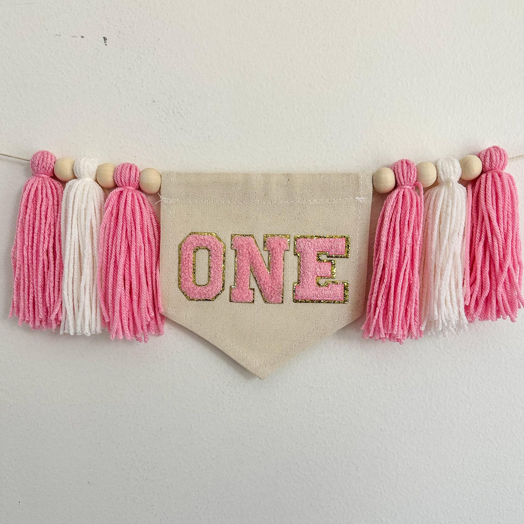 One Banner, 1st Birthday Decorations, Chenille Letters, Pink Themed Party, Girl Party, First Birthday Decor, High Chair Banner, Cake Smash