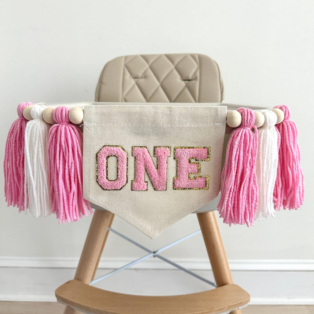 One Banner, 1st Birthday Decorations, Chenille Letters, Pink Themed Party, Girl Party, First Birthday Decor, High Chair Banner, Cake Smash