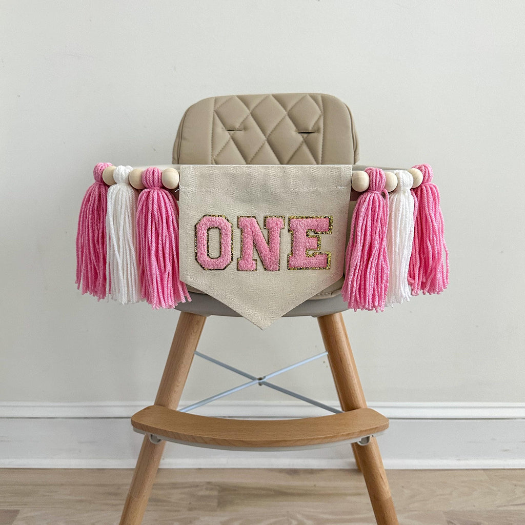 One Banner, 1st Birthday Decorations, Chenille Letters, Pink Themed Party, Girl Party, First Birthday Decor, High Chair Banner, Cake Smash
