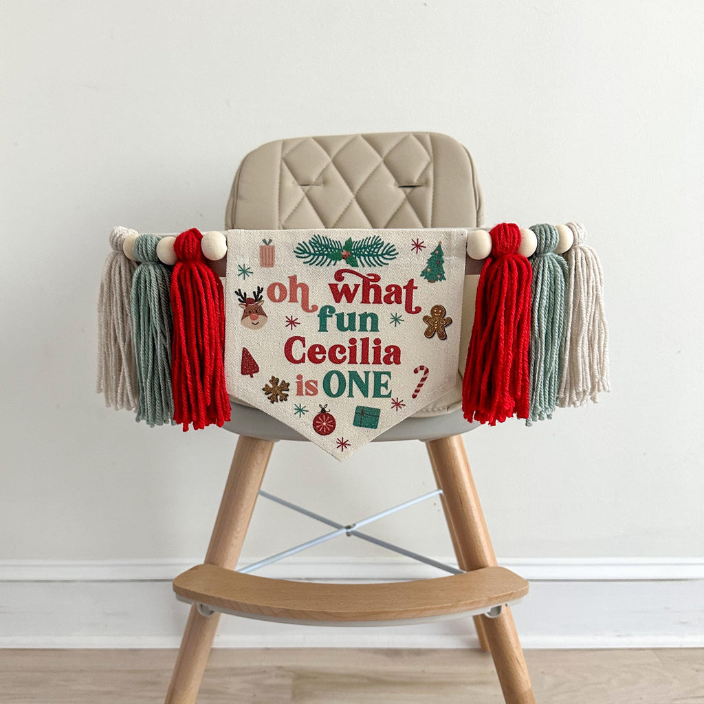 Christmas First Birthday, Personalized First Birthday, Oh What Fun 1st Birthday, High Chair Banner, One Banner, Cake Smash Props