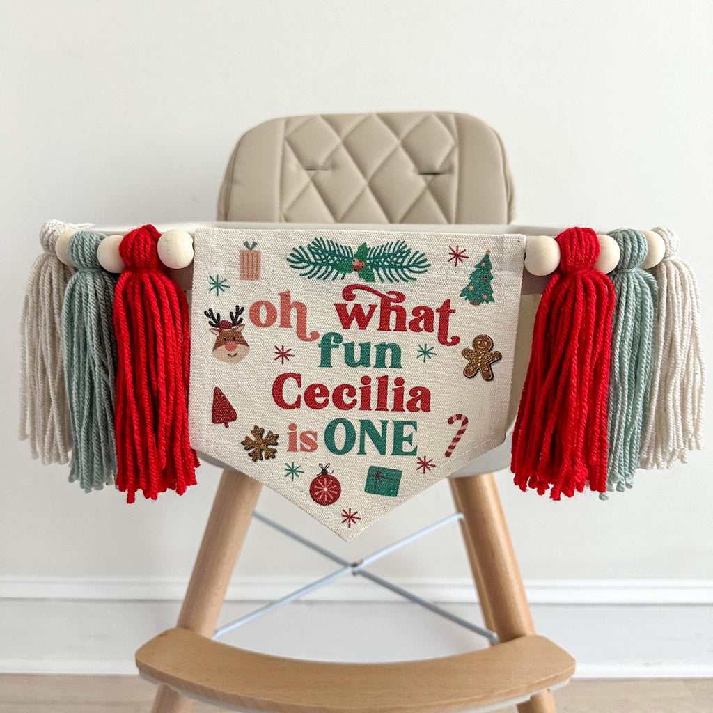 Christmas First Birthday, Personalized First Birthday, Oh What Fun 1st Birthday, High Chair Banner, One Banner, Cake Smash Props