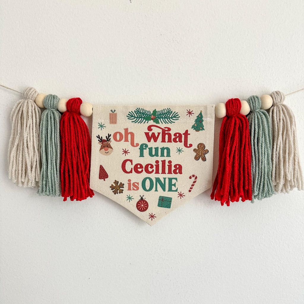 Christmas First Birthday, Personalized First Birthday, Oh What Fun 1st Birthday, High Chair Banner, One Banner, Cake Smash Props