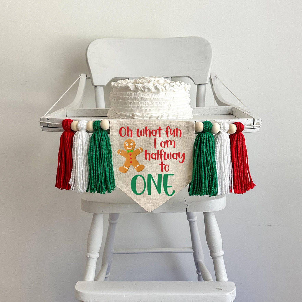 Christmas Half Birthday Party Decorations, Halfway to One Holiday High Chair Banner, Gingerbread 6 Month Sign, Candy Cane Cake Smash Decor