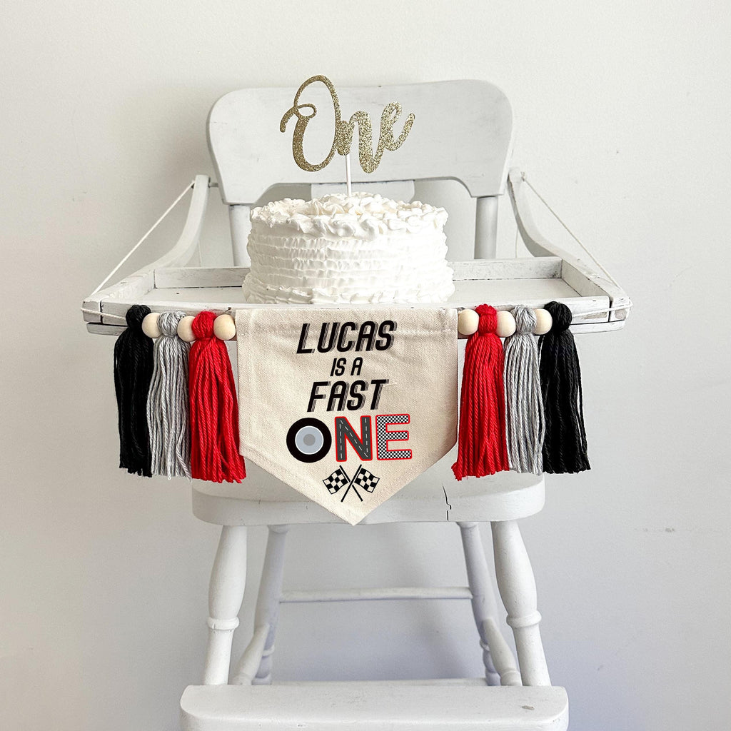 Fast One 1st Birthday Banner | Custom Race Car Highchair Decoration | Personalized Racing First Birthday Party Sign | Cake Smash Prop