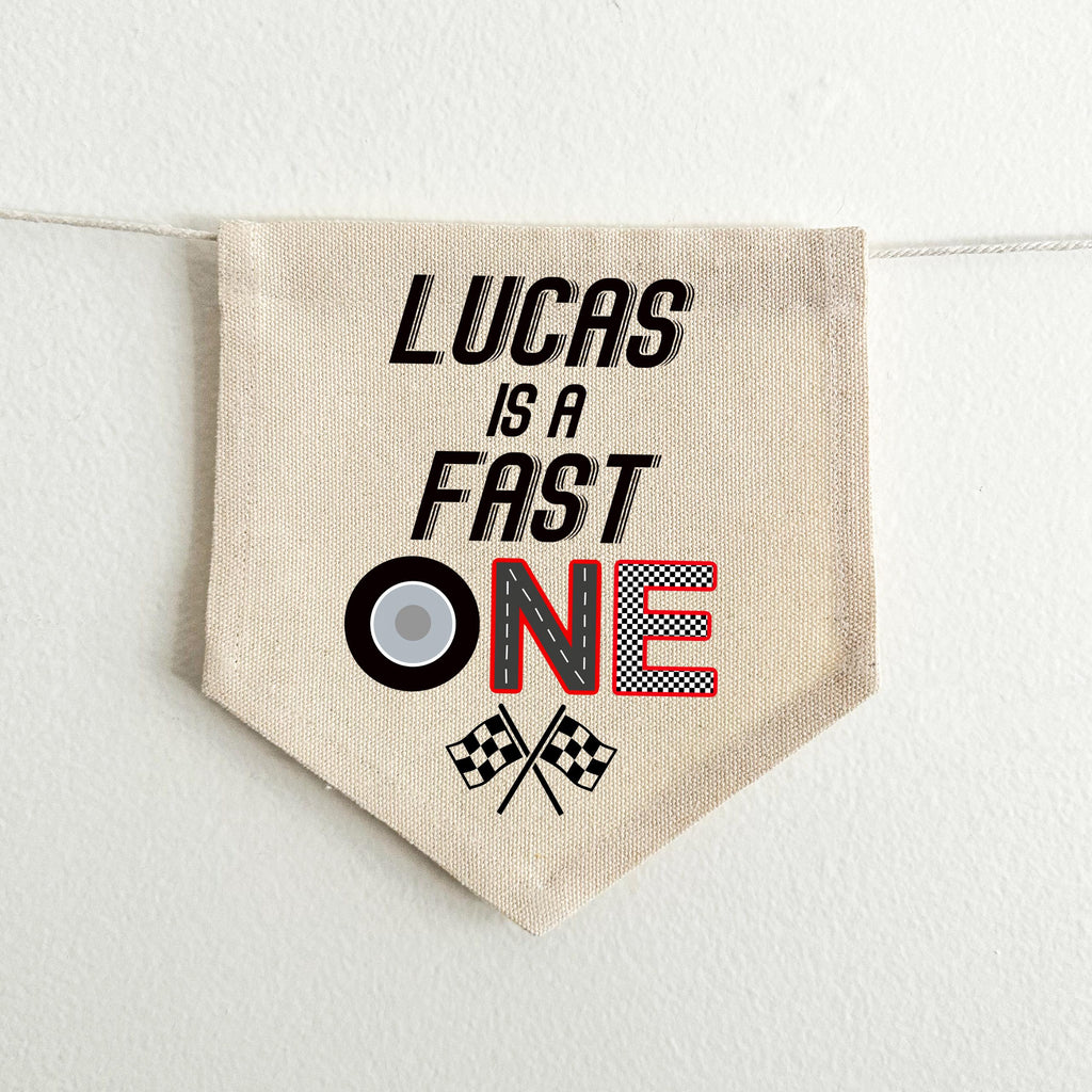 Fast One 1st Birthday Banner | Custom Race Car Highchair Decoration | Personalized Racing First Birthday Party Sign | Cake Smash Prop