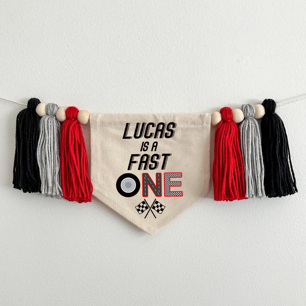 Fast One 1st Birthday Banner | Custom Race Car Highchair Decoration | Personalized Racing First Birthday Party Sign | Cake Smash Prop