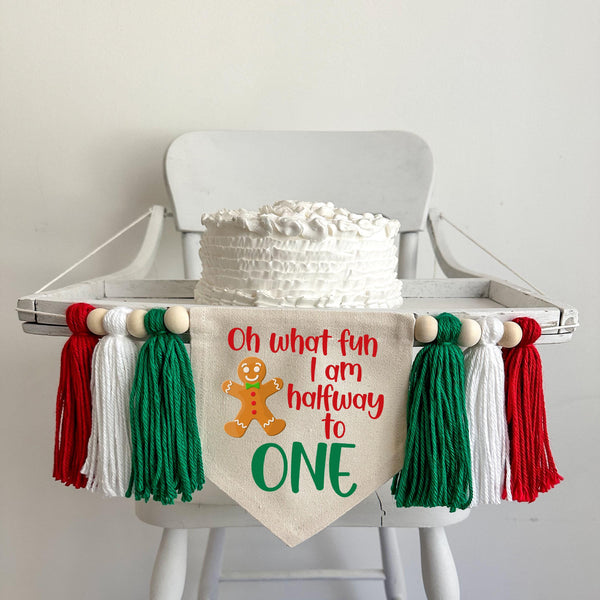 Christmas Half Birthday Party Decorations, Halfway to One Holiday High Chair Banner, Gingerbread 6 Month Sign, Candy Cane Cake Smash Decor