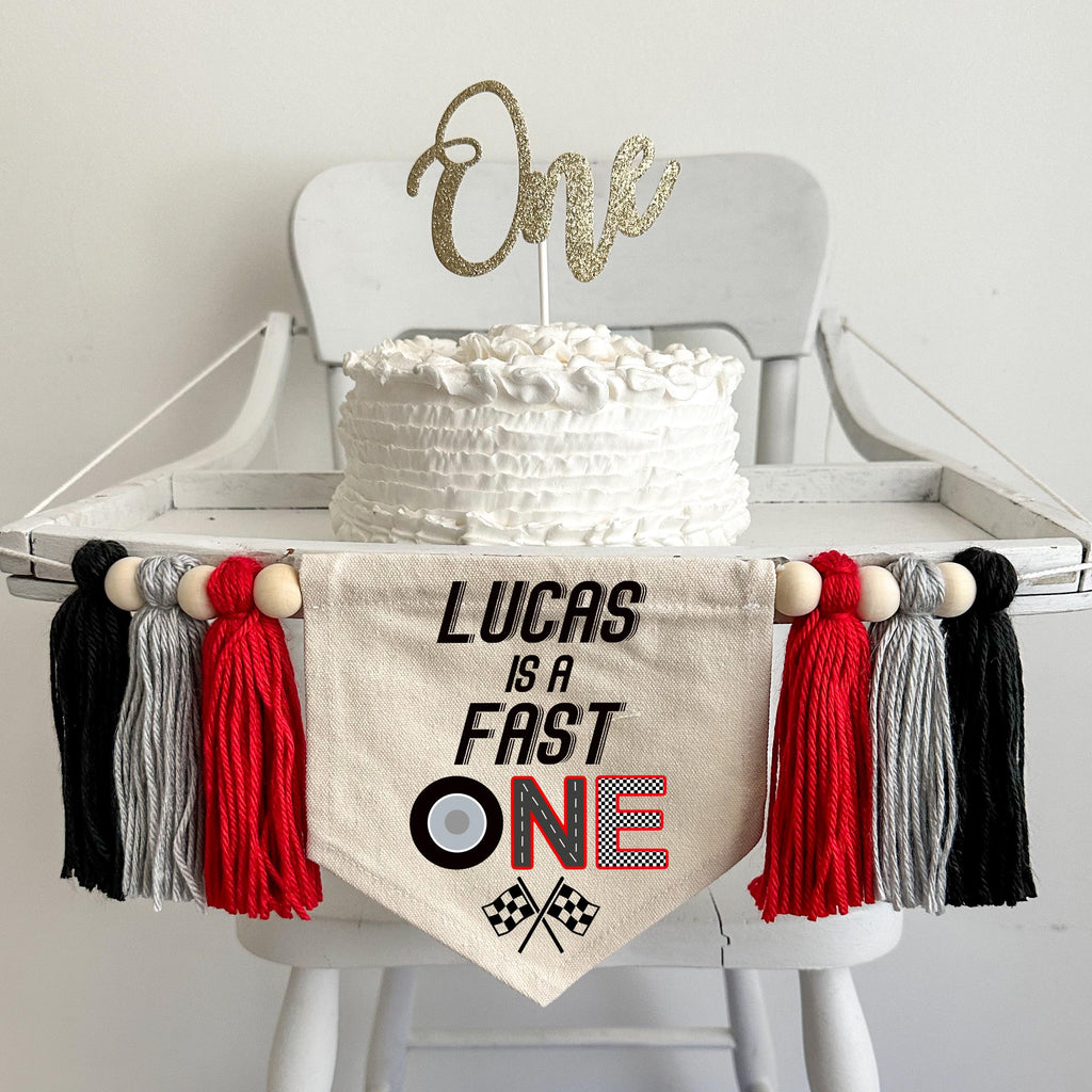 Fast One 1st Birthday Banner | Custom Race Car Highchair Decoration | Personalized Racing First Birthday Party Sign | Cake Smash Prop