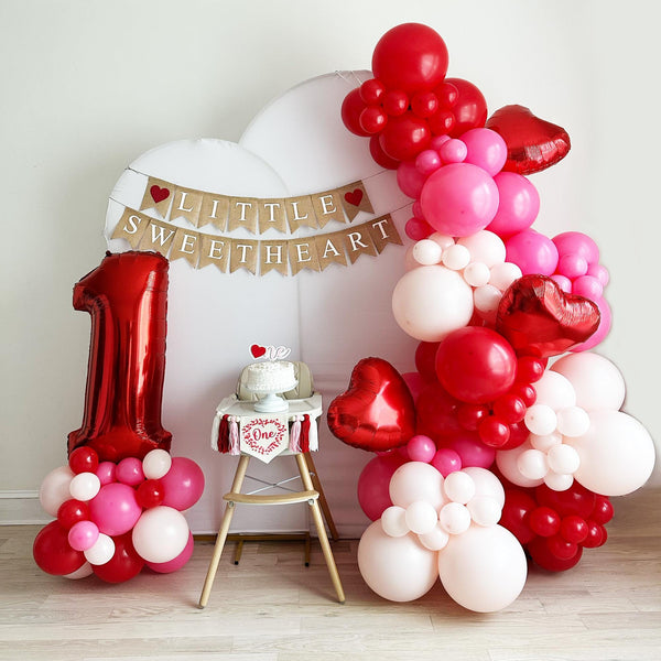 Valentine First Birthday | Sweetheart Party | 1st Birthday Bundle | Red Hearts Balloon Arch | Pink & Red Balloon Garland | Girl Party Decor