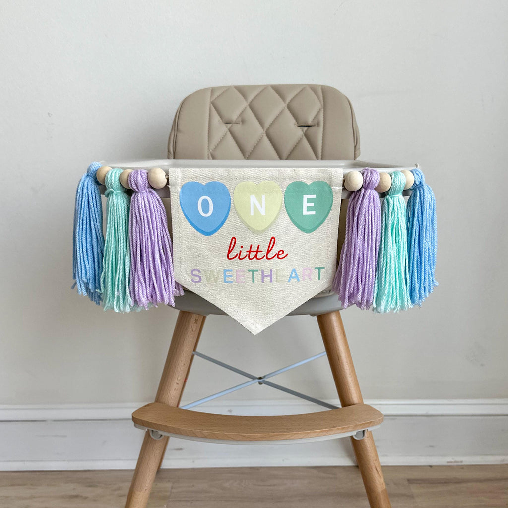 One Little Sweetheart 1st Birthday Banner, Custom Candy Hearts Highchair Decoration, Personalized Valentines Day First Birthday Party Sign