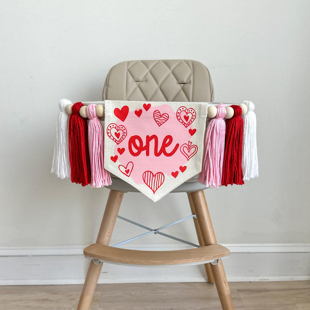 Valentine 1st Birthday Tassel Banner, Heart Highchair Decoration, Love Cake Smash Pennant, Valentines Day First Birthday Party Sign