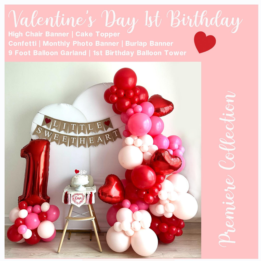Valentine First Birthday | Sweetheart Party | 1st Birthday Bundle | Red Hearts Balloon Arch | Pink & Red Balloon Garland | Girl Party Decor
