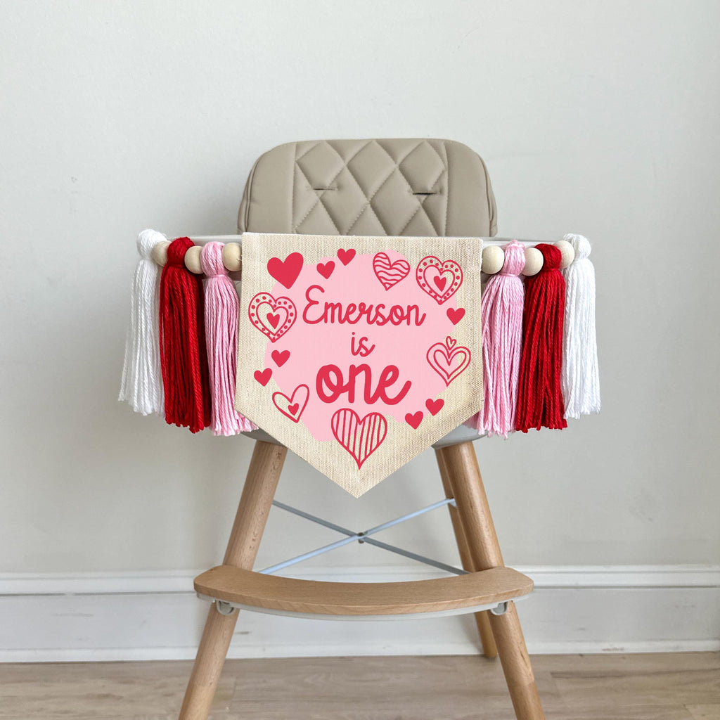 Valentine 1st Birthday Tassel Banner, Custom Heart Highchair Decoration, Love Cake Smash Pennant, Personalized Valentines Day First Birthday