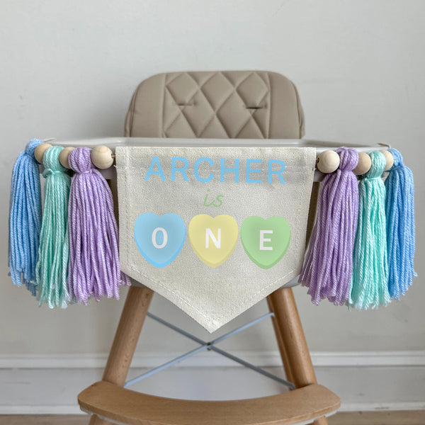 One Little Sweetheart 1st Birthday Banner, Custom Candy Hearts Highchair Decoration, Personalized Valentines Day First Birthday Party Sign