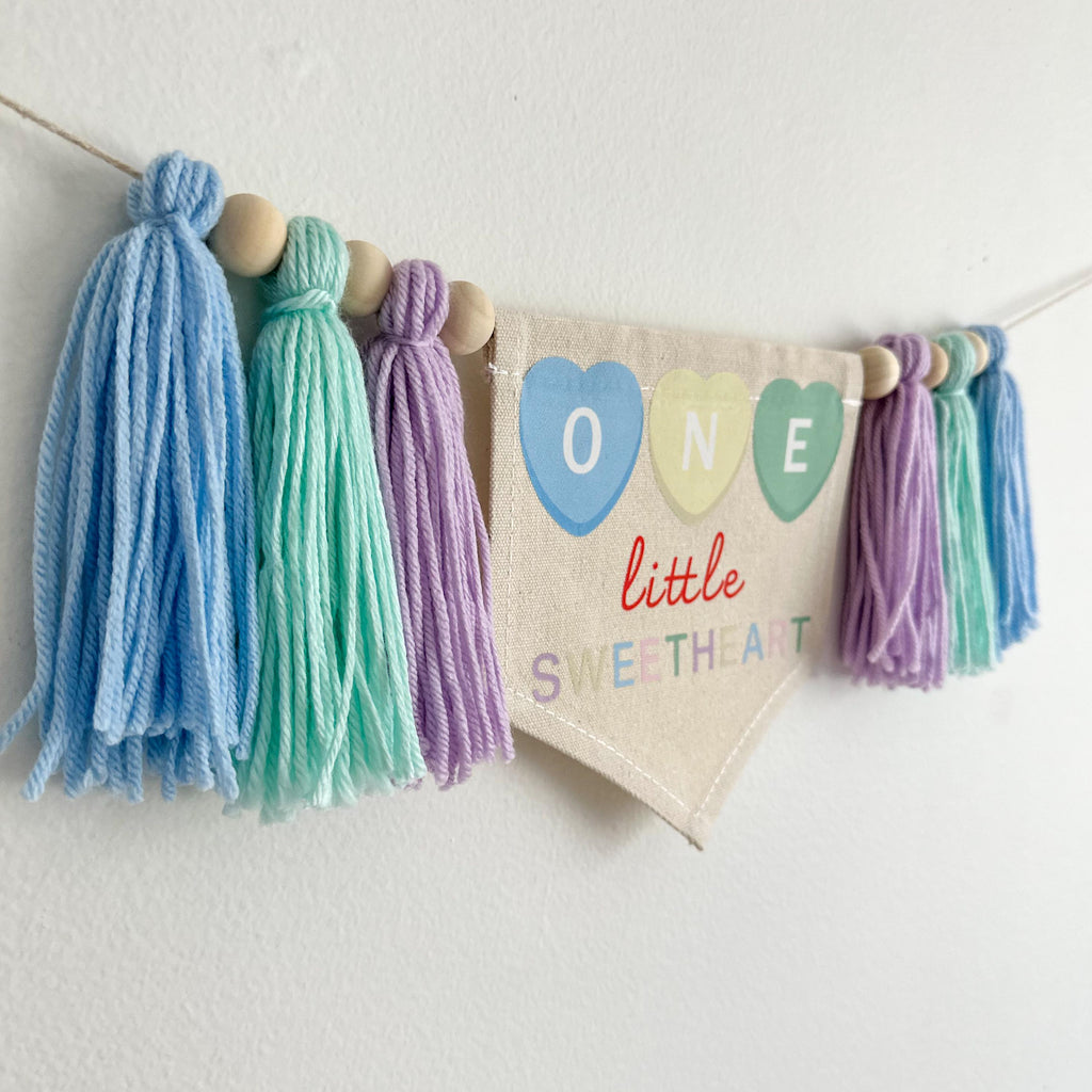 One Little Sweetheart 1st Birthday Banner, Candy Hearts Highchair Decoration, Valentines Day First Birthday Party Sign, Cake Smash Prop