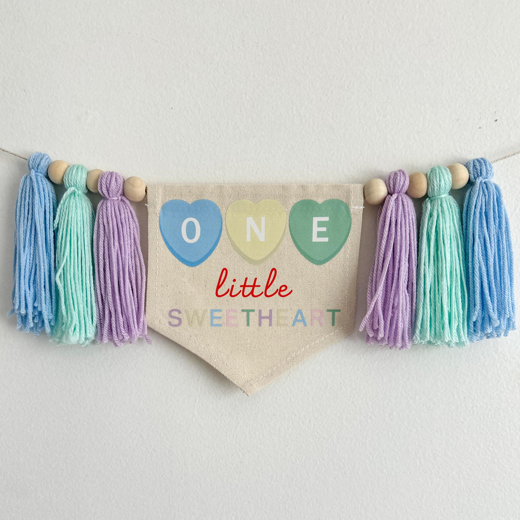 One Little Sweetheart 1st Birthday Banner, Custom Candy Hearts Highchair Decoration, Personalized Valentines Day First Birthday Party Sign