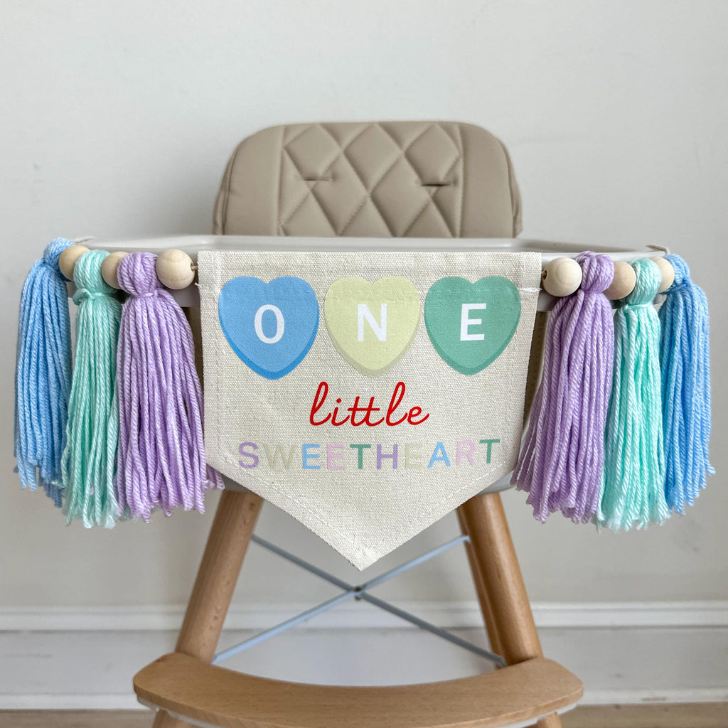 One Little Sweetheart 1st Birthday Banner, Candy Hearts Highchair Decoration, Valentines Day First Birthday Party Sign, Cake Smash Prop