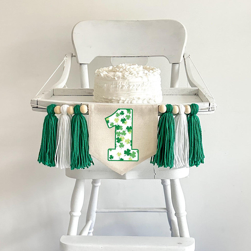 Shamrock 1st Birthday Tassel Banner, Custom St Patrick's Day Highchair Decoration, Personalized Clover First Birthday Party Sign