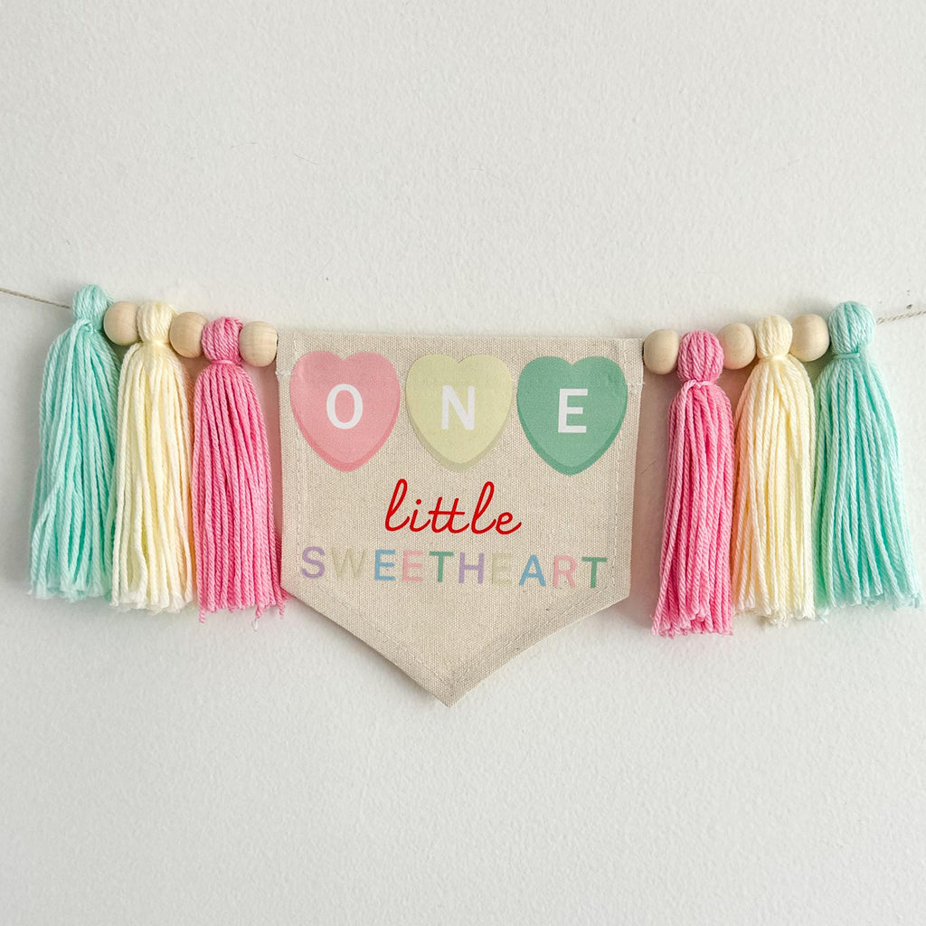 One Little Sweetheart 1st Birthday Banner, | Valentines Day First Birthday Party Sign | Candy Hearts Highchair Decoration
