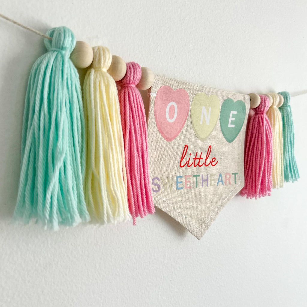 One Little Sweetheart 1st Birthday Banner, Valentines Day First Birthday Party Sign, Candy Hearts Highchair Decoration, Cake Smash Prop