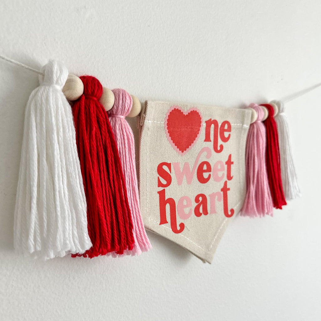 Valentine 1st Birthday Tassel Banner | Valentines Day First Birthday Party Sign | Heart Highchair Decoration