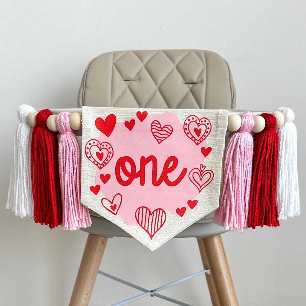 Valentine 1st Birthday Tassel Banner, Heart Highchair Decoration, Love Cake Smash Pennant, Valentines Day First Birthday Party Sign